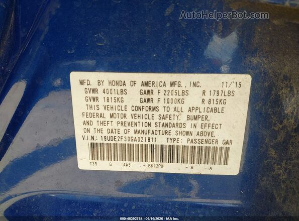 19UDE2F30GA021811 2016 ACURA ILX Blue Vista del compartimento del motor