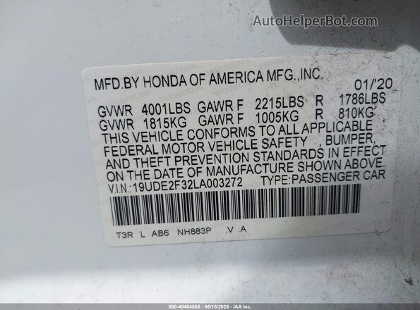 19UDE2F32LA003272 2020 ACURA ILX Белый Вид подкапотного пространства