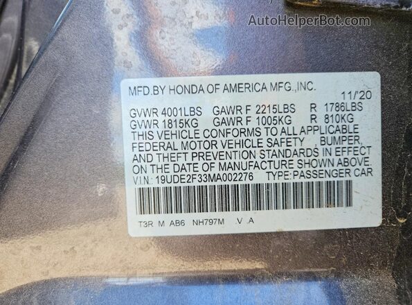 19UDE2F33MA002276 2021 ACURA ILX Gray Շարժիչի բաժամունքի տեսք