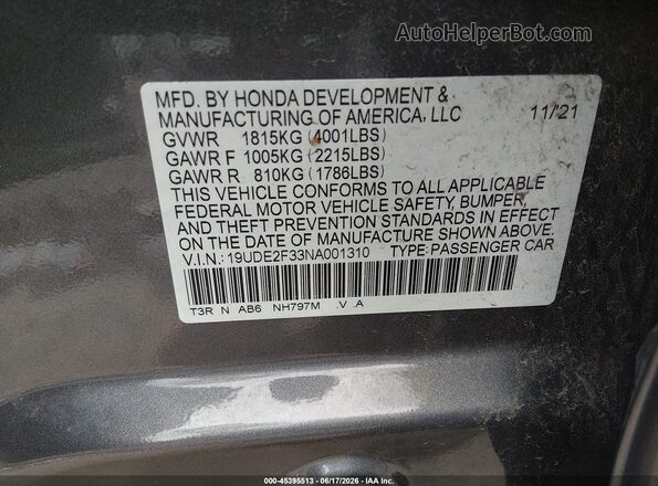 19UDE2F33NA001310 2022 ACURA ILX Gray Widok komory silnika