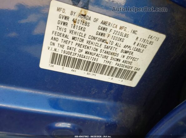 19UDE2F36GA007265 2016 ACURA ILX Blue Vista del compartimento del motor