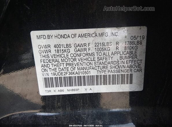 19UDE2F36KA010501 2019 ACURA ILX Black Widok komory silnika