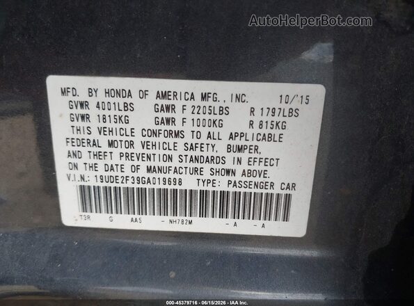 19UDE2F39GA019698 2016 ACURA ILX Серый Вид подкапотного пространства