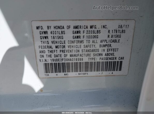 19UDE2F3XHA016598 2017 ACURA ILX White Engine compartment view
