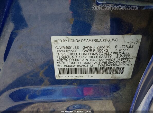 19UDE2F49JA002142 2018 ACURA ILX Blue Շարժիչի բաժամունքի տեսք