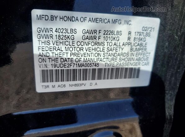 19UDE2F71MA005745 2021 ACURA ILX Black VIN sticker view