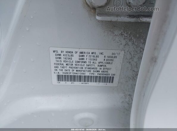 19UDE2F72HA013990 2017 ACURA ILX White Widok komory silnika