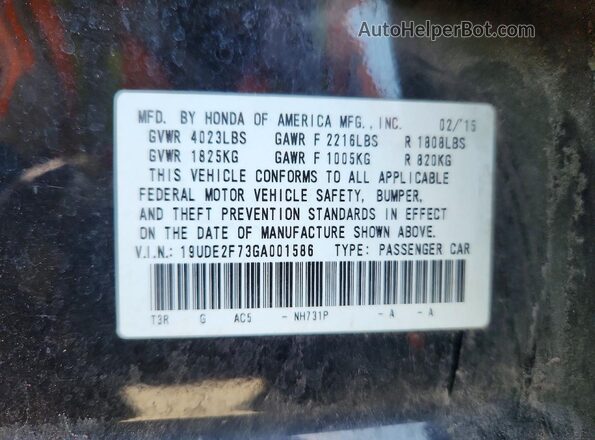 19UDE2F73GA001586 2016 ACURA ILX Black VIN კოდის სტიკერის ხედი