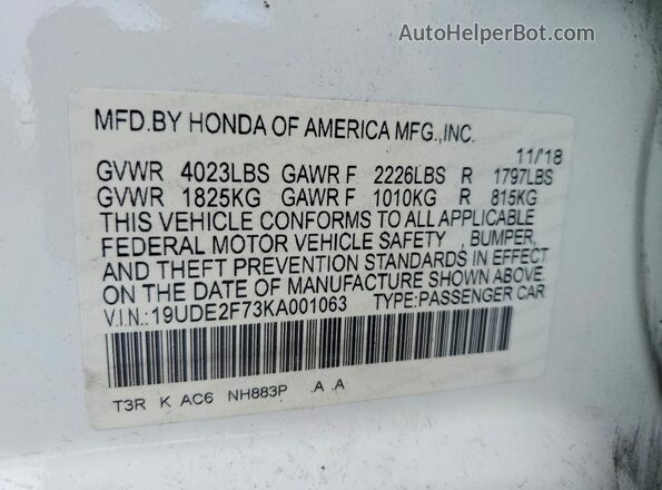 19UDE2F73KA001063 2019 ACURA ILX White Vista del compartimento del motor