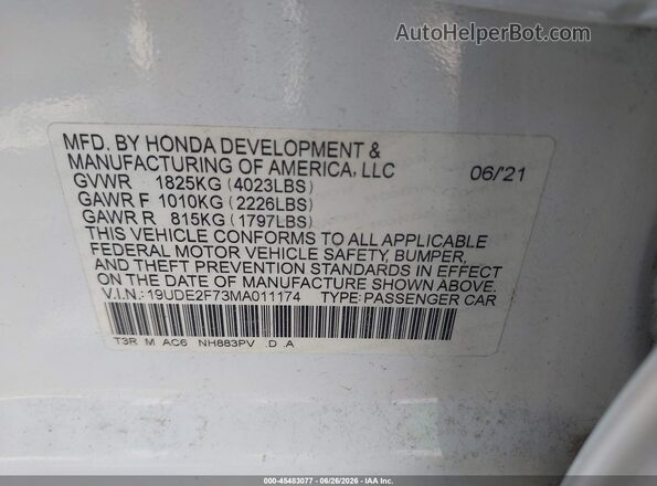 19UDE2F73MA011174 2021 ACURA ILX White ძრავის განყოფილების ხედი