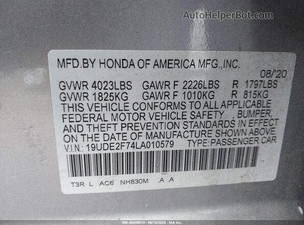 19UDE2F74LA010579 2020 ACURA ILX Silver Вид підкапотного простору