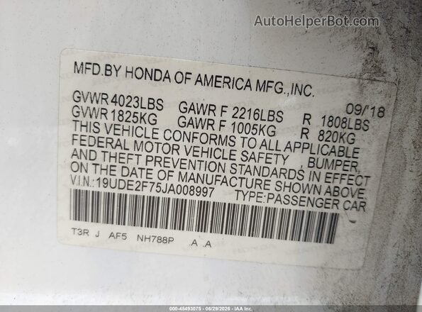 19UDE2F75JA008997 2018 ACURA ILX Белый Вид подкапотного пространства
