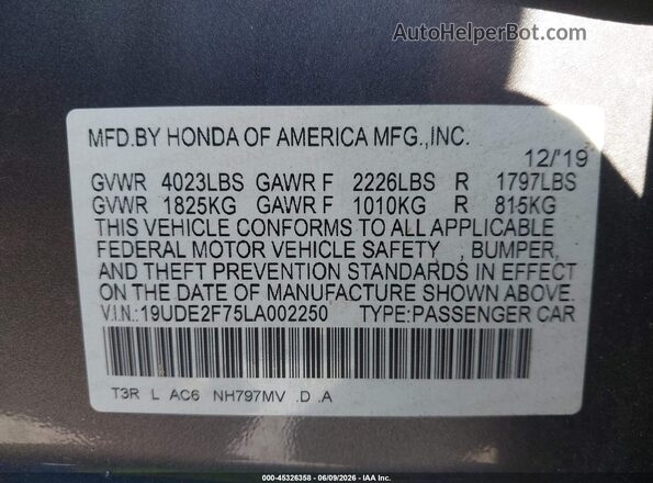 19UDE2F75LA002250 2020 ACURA ILX Gray Вид підкапотного простору