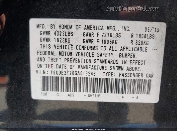 19UDE2F76GA013246 2016 ACURA ILX Black Widok komory silnika