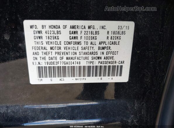 19UDE2F77GA004748 2016 ACURA ILX Black ძრავის განყოფილების ხედი