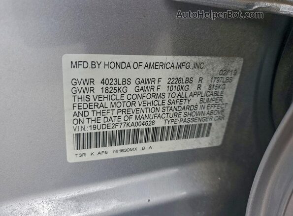 19UDE2F77KA004628 2019 ACURA ILX Silver Vista del compartimento del motor