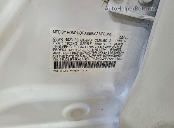 19UDE2F78KA014925 2019 ACURA ILX White Widok komory silnika
