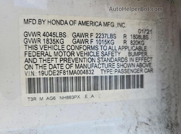 19UDE2F81MA004832 2021 ACURA ILX White VIN კოდის სტიკერის ხედი
