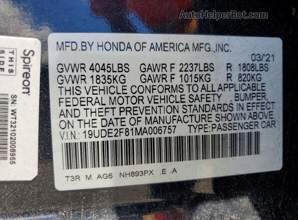 19UDE2F81MA006757 2021 ACURA ILX Black Շարժիչի բաժամունքի տեսք