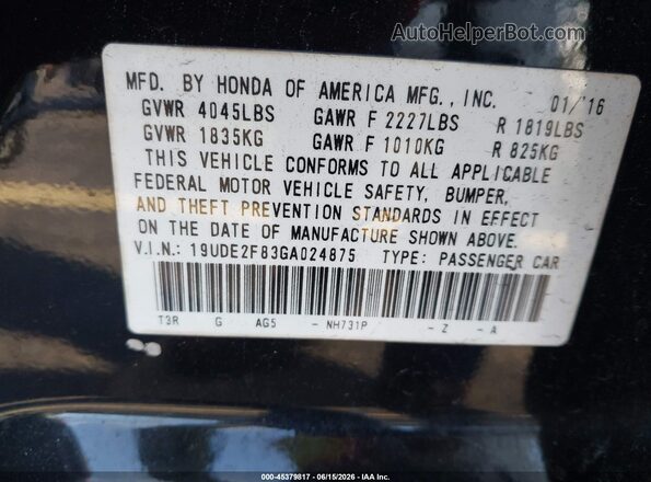 19UDE2F83GA024875 2016 ACURA ILX Black Widok komory silnika