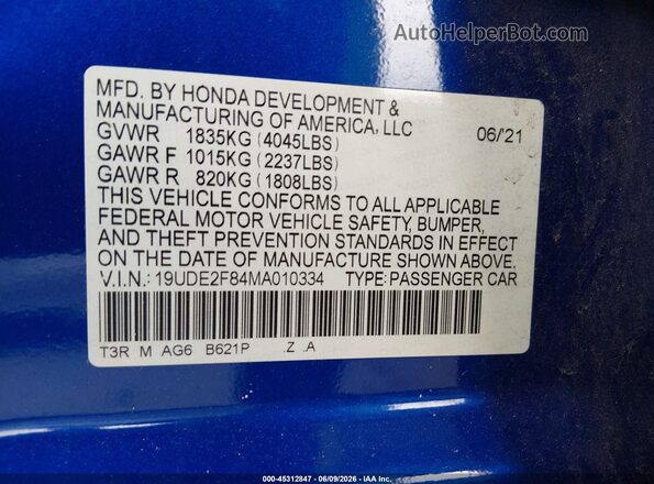 19UDE2F84MA010334 2021 ACURA ILX Blue Vista del compartimento del motor