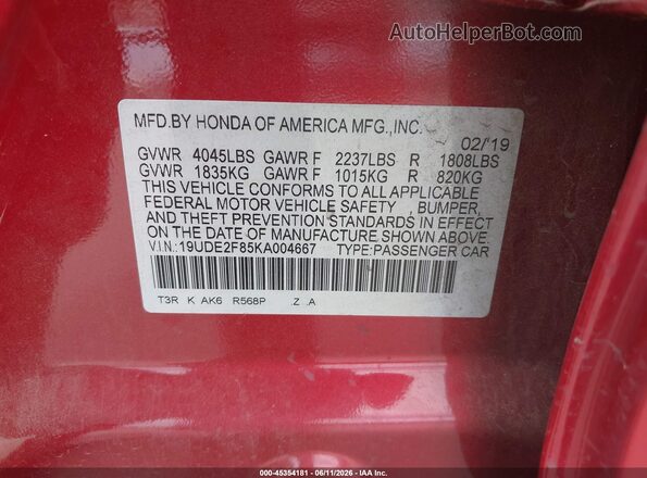 19UDE2F85KA004667 2019 ACURA ILX Red Engine compartment view