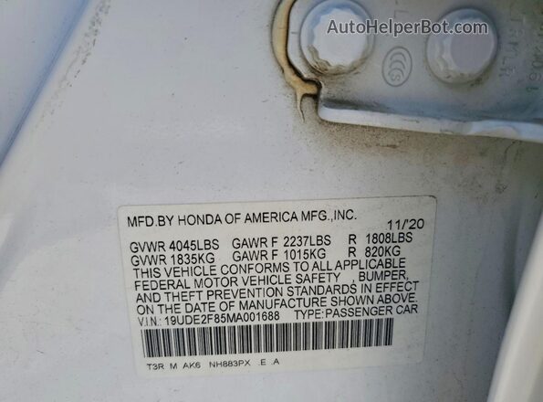 19UDE2F85MA001688 2021 ACURA ILX Белый Вид наклейки с VIN-кодом