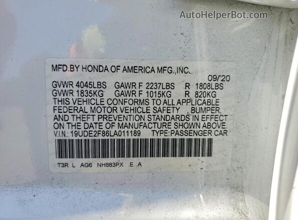 19UDE2F86LA011189 2020 ACURA ILX White Widok komory silnika