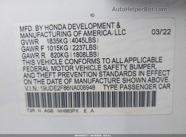 19UDE2F86NA006948 2022 ACURA ILX White ძრავის განყოფილების ხედი
