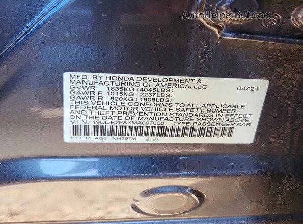 19UDE2F8XMA007650 2021 ACURA ILX Серый Вид подкапотного пространства