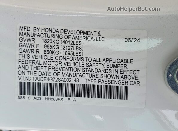 19UDE4G72SA002148 2025 ACURA INTEGRA White VIN კოდის სტიკერის ხედი