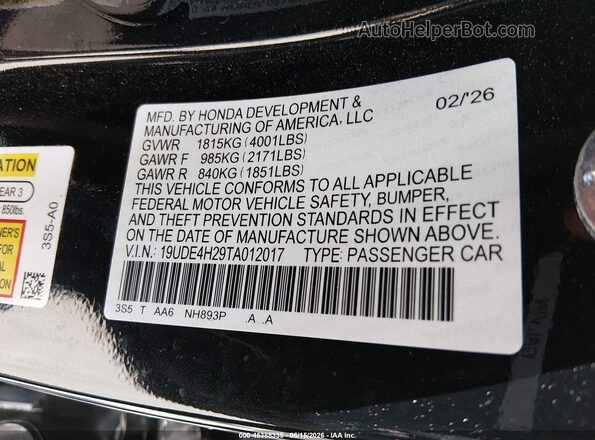 19UDE4H29TA012017 2026 ACURA INTEGRA Black Engine compartment view