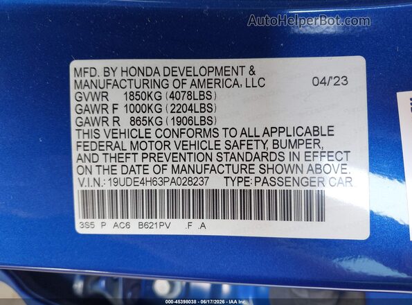 19UDE4H63PA028237 2023 ACURA INTEGRA Blue Vista del compartimento del motor