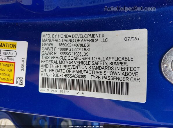 19UDE4H66SA020366 2025 ACURA INTEGRA Blue Widok komory silnika