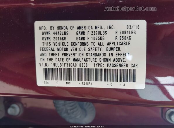 19UUB1F31GA010206 2016 ACURA TLX Maroon VIN կոդի պիտակի տեսք
