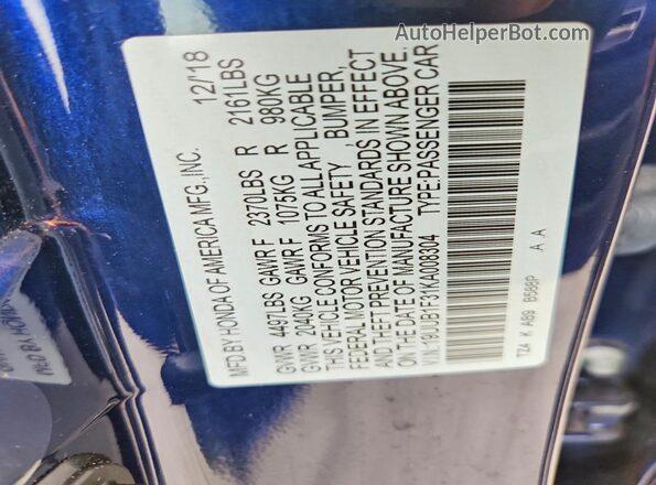 19UUB1F31KA008304 2019 ACURA TLX Blue ძრავის განყოფილების ხედი
