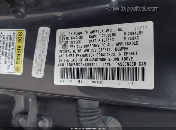 19UUB1F33HA009043 2017 ACURA TLX Gray Vista del compartimento del motor