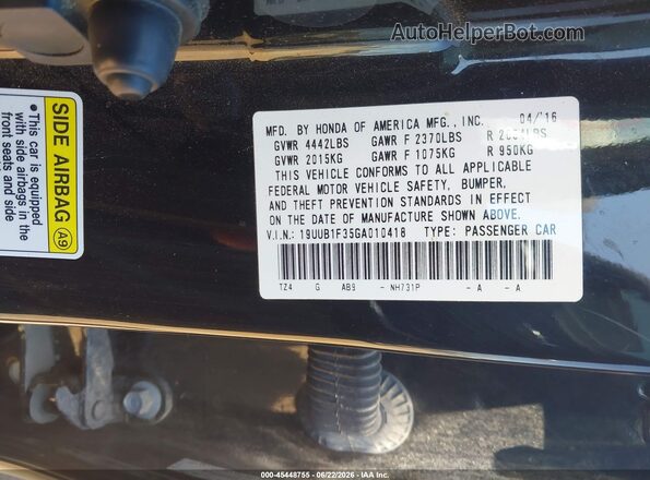 19UUB1F35GA010418 2016 ACURA TLX Black Widok komory silnika