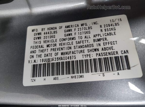 19UUB1F35HA004975 2017 ACURA TLX Gray Engine compartment view
