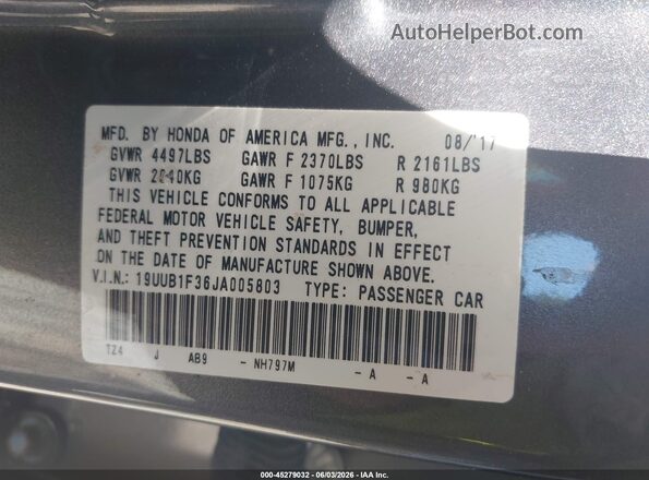 19UUB1F36JA005803 2018 ACURA TLX Gray Շարժիչի բաժամունքի տեսք