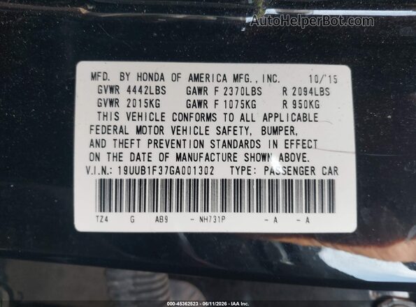 19UUB1F37GA001302 2016 ACURA TLX Black Engine compartment view
