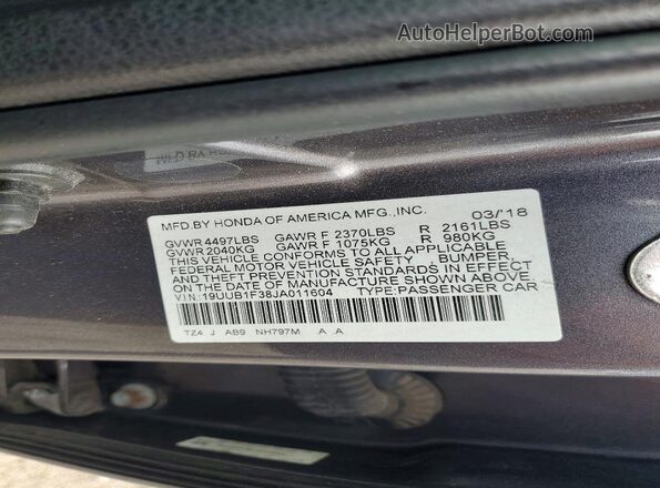 19UUB1F38JA011604 2018 ACURA TLX Gray ძრავის განყოფილების ხედი