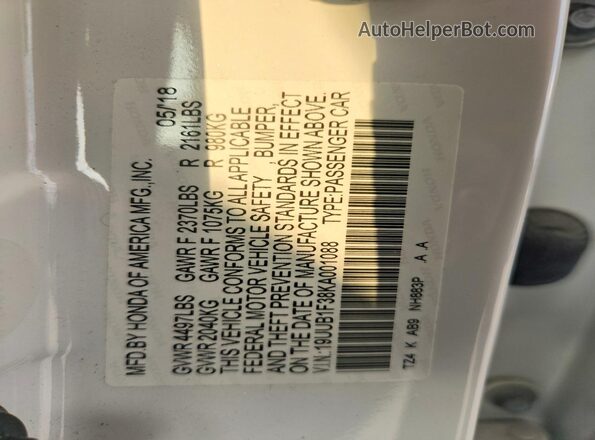 19UUB1F38KA001088 2019 ACURA TLX White Շարժիչի բաժամունքի տեսք