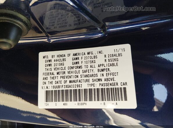 19UUB1F3XGA002962 2016 ACURA TLX Dark Blue Вид подкапотного пространства