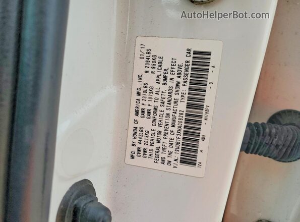 19UUB1F3XHA009282 2017 ACURA TLX White VIN კოდის სტიკერის ხედი