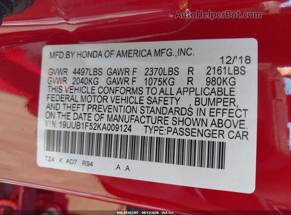 19UUB1F52KA009124 2019 ACURA TLX Red Vista del compartimento del motor