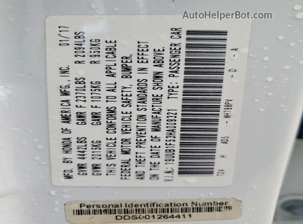 19UUB1F53HA009321 2017 ACURA TLX White Engine compartment view