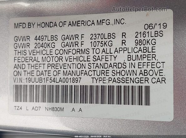 19UUB1F54LA001897 2020 ACURA TLX Silver Vista del compartimento del motor
