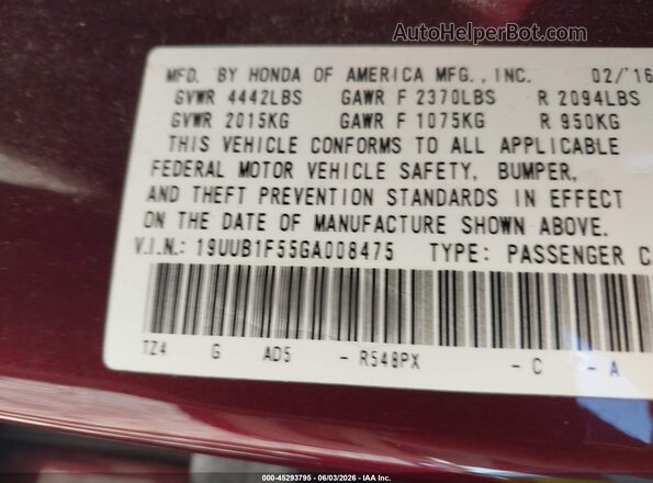 19UUB1F55GA008475 2016 ACURA TLX Бордовый Вид подкапотного пространства