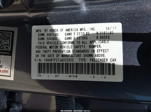 19UUB1F57JA002930 2018 ACURA TLX Gray Vista del compartimento del motor
